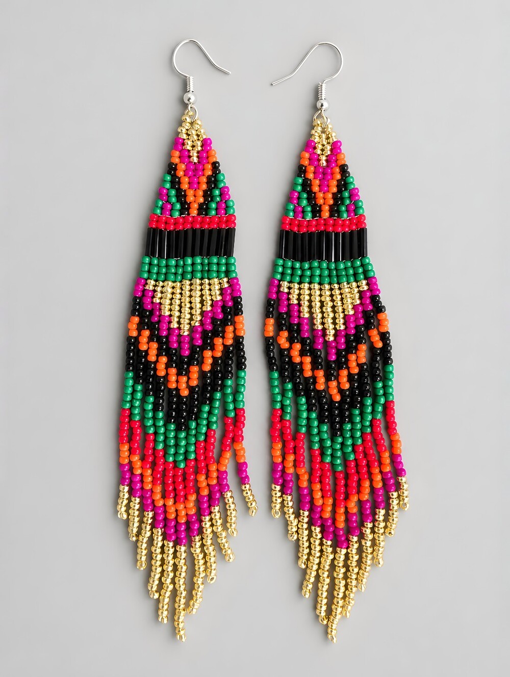 Neon Boho Beaded Fringe Earrings Long Geometric Chevron Statement Handmade
